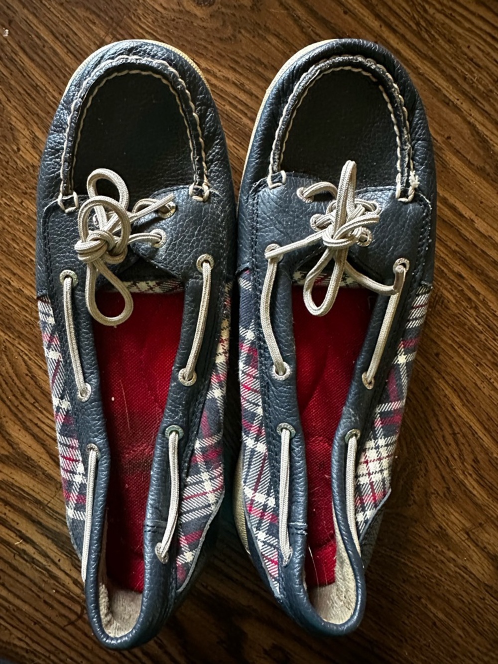 Women’s Plaid Navy Boat Shoes with Red Lining